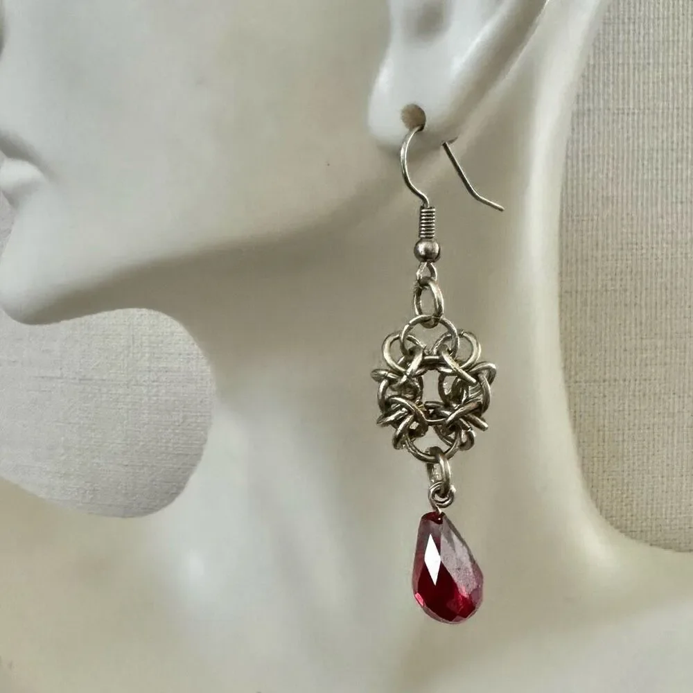 Silver red crystal teardrop earrings silver tone